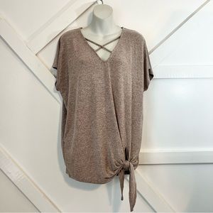 She + Sky Rose Heather Short Sleeve Sweater with Crisscross Detail, Small